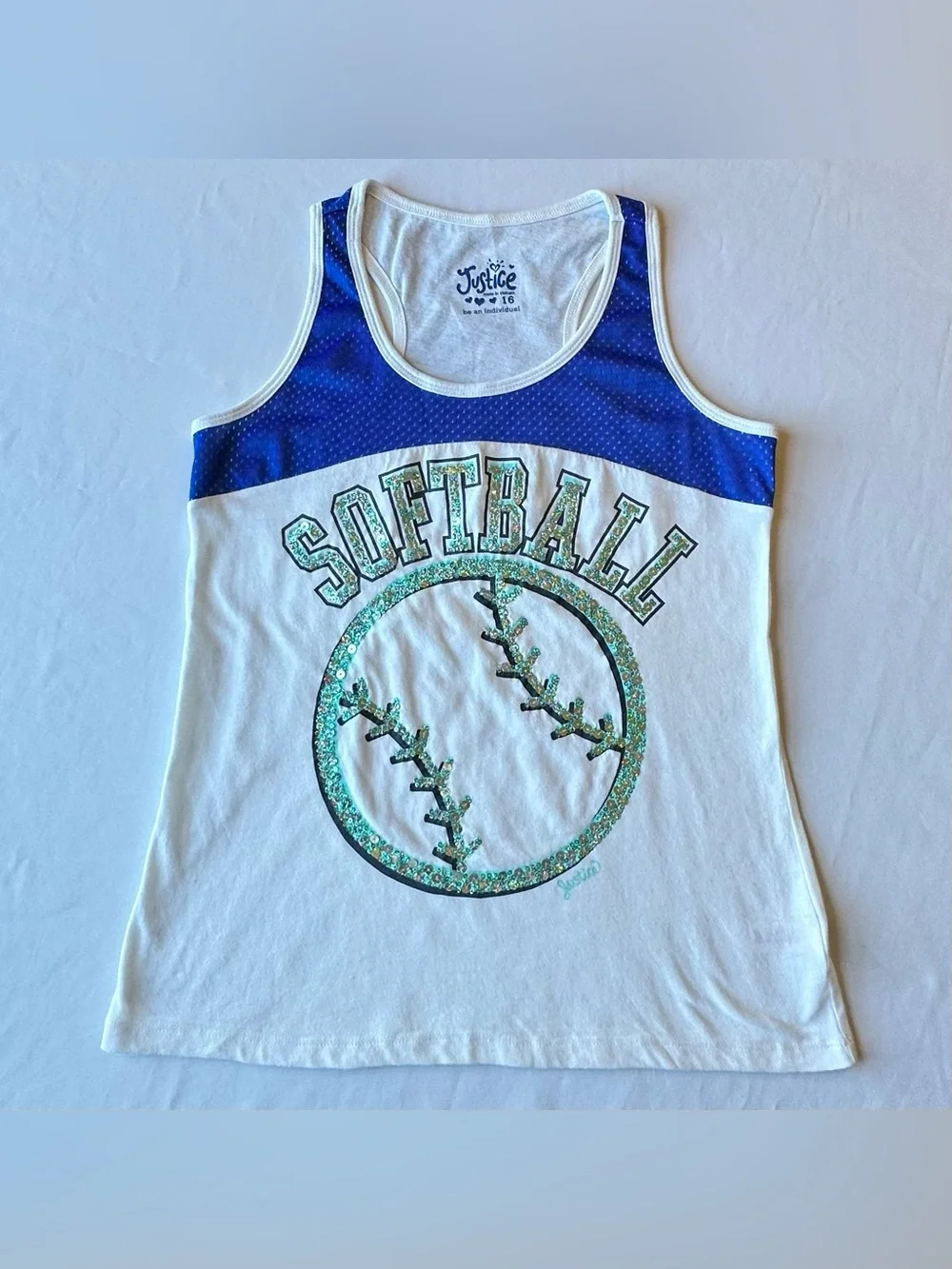 Justice Girls Tank Top Softball Blue White Glitter Aqua Sequins 2012 Size 16